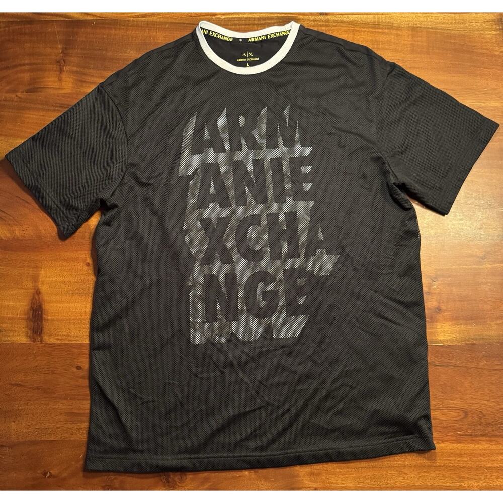 Armani Exchange Mens Loose Fit Black Mesh Overlay Short Sleeve T Shirt Sz L